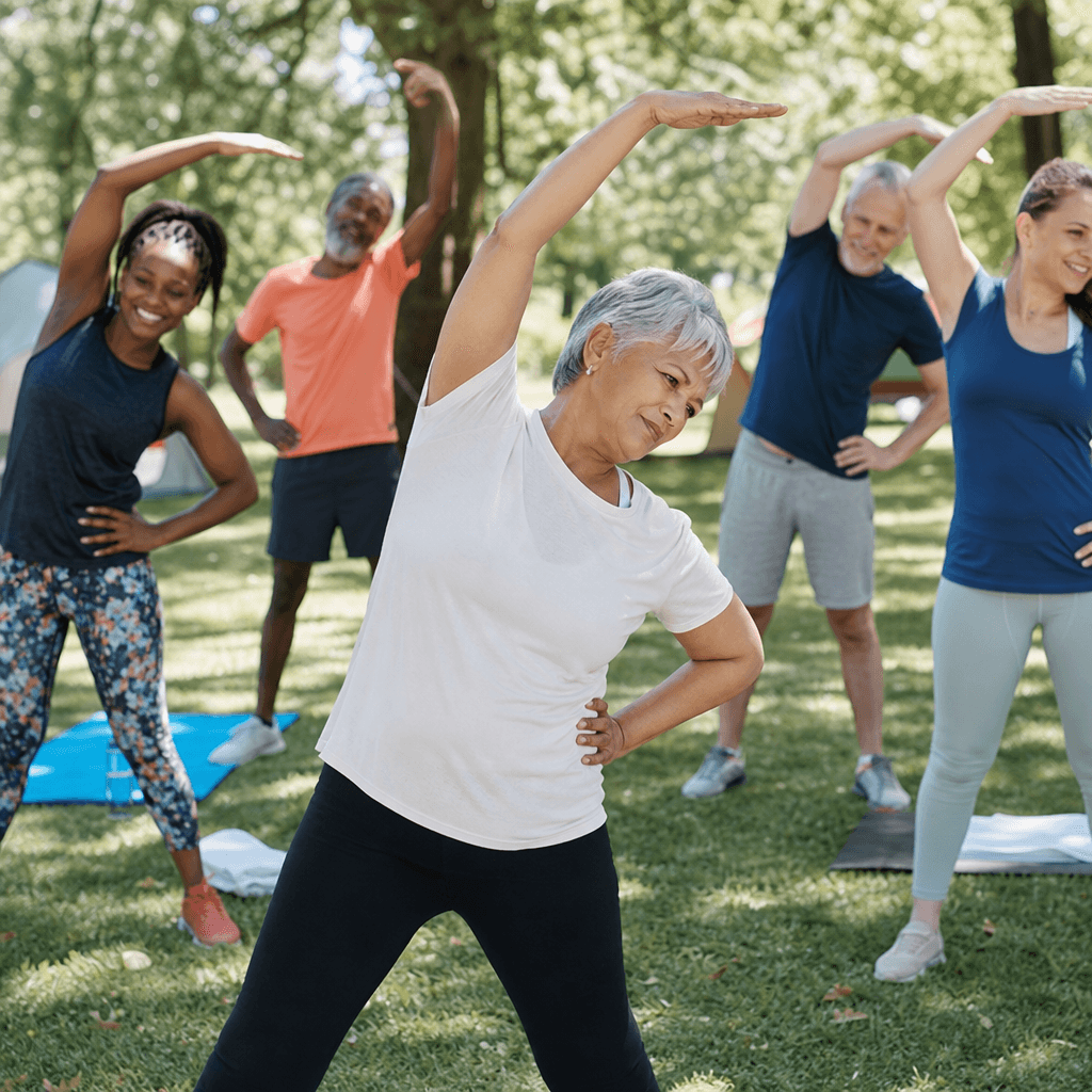 Community wellness stretching at an outdoor camp
