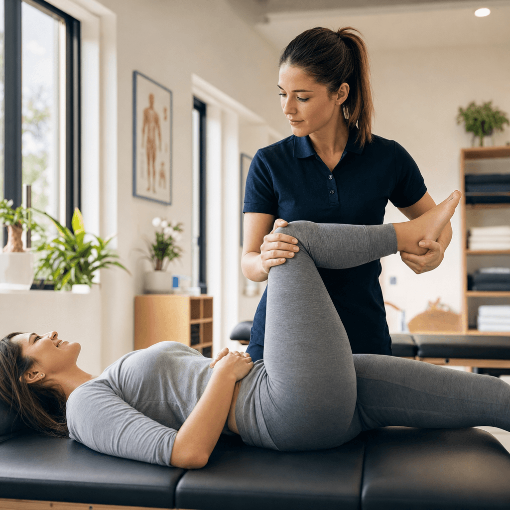 Physiotherapist guiding a patient through a stretch